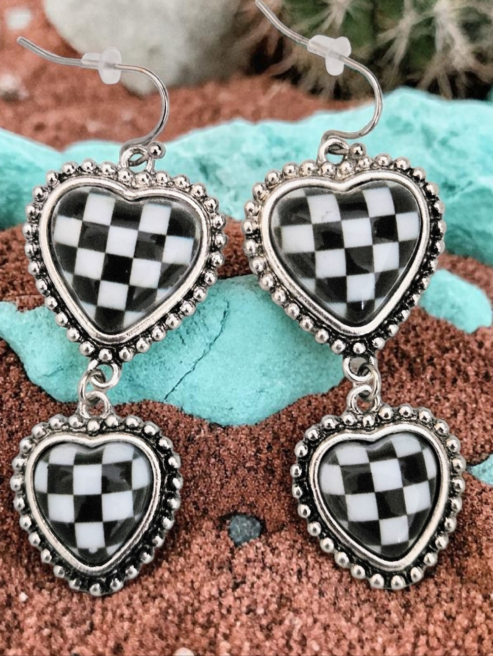 BLACK AND WHITE CHECKERED HEART DANGLE EARRINGS